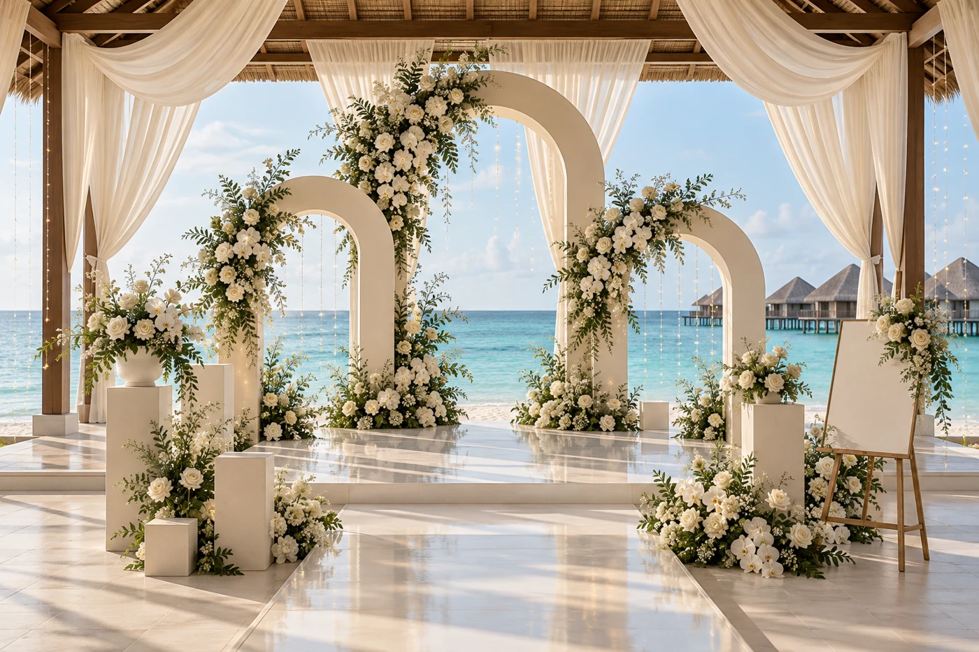 Ivory floral arches and soft draping overlooking a turquoise Maldivian lagoon — AI design concept