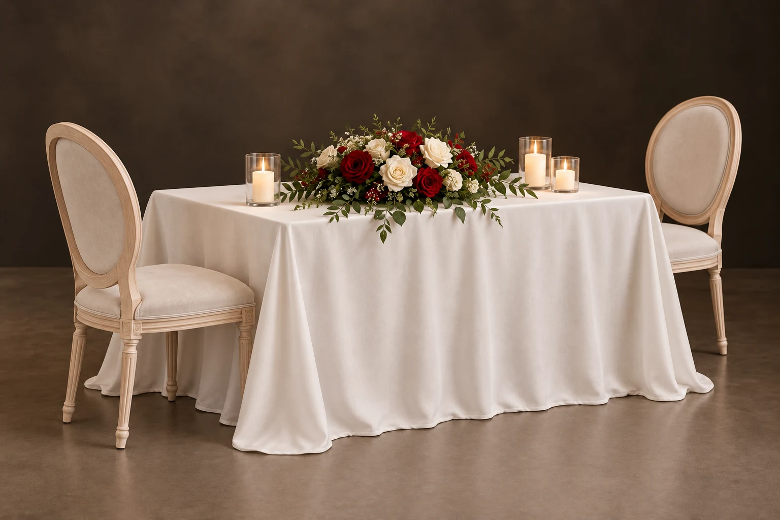 Bride and groom table with two white chairs, a red and white rose bouquet centrepiece and candles